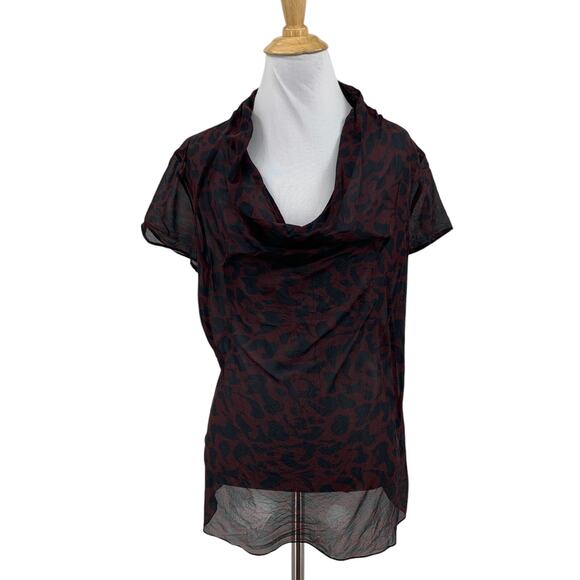 Theory Top Women M Medium Garnet Black Silk Cowl Neck Animal Print Fully Sheer - Picture 1 of 11